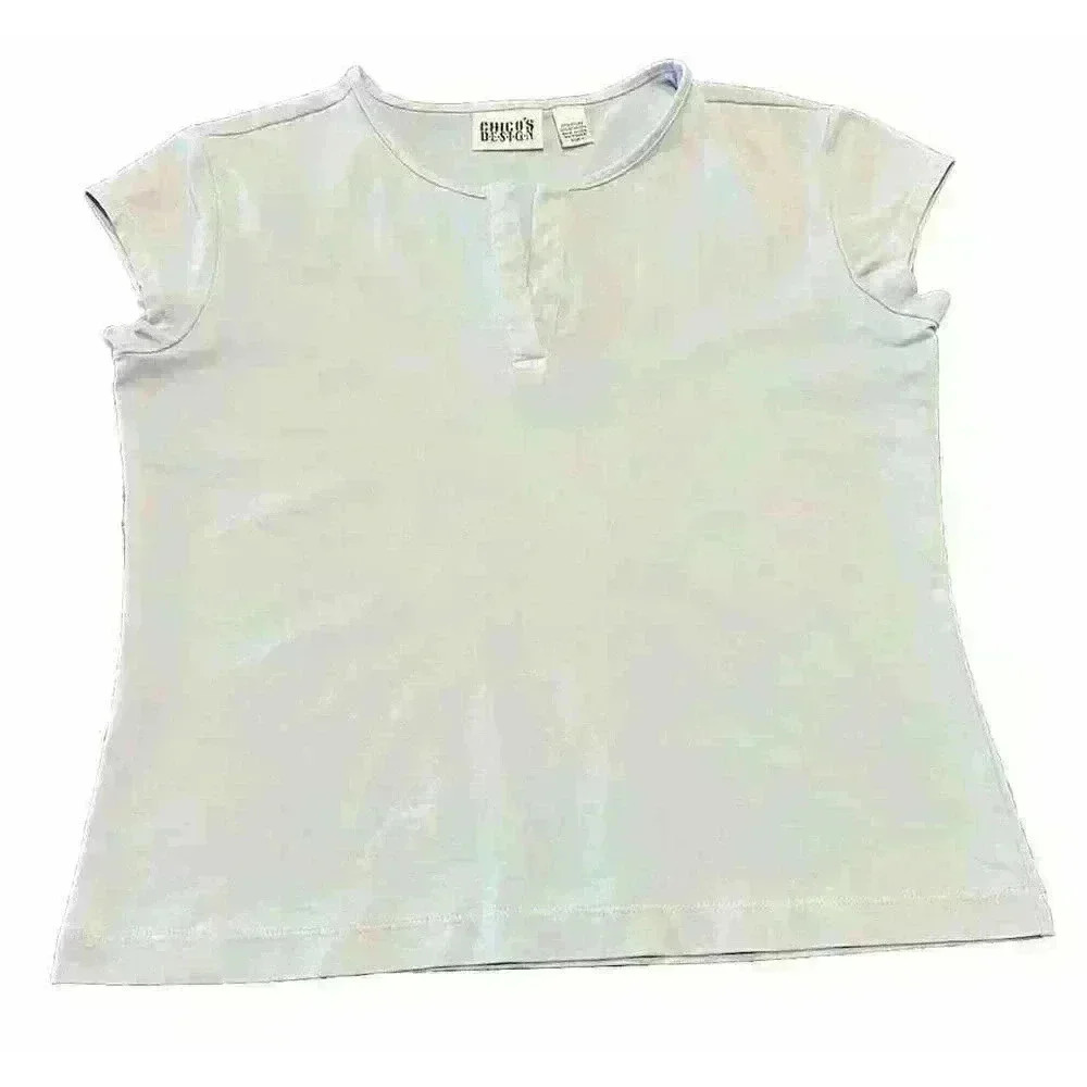 VINTAGE CHICO’S Design Short Sleeve V-Neck Shirt Top Blue Size One Medium